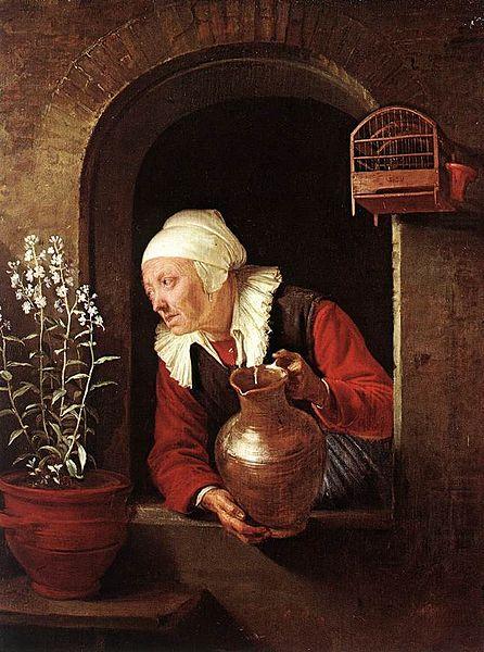 Old Woman Watering Flowers, Gerard Dou